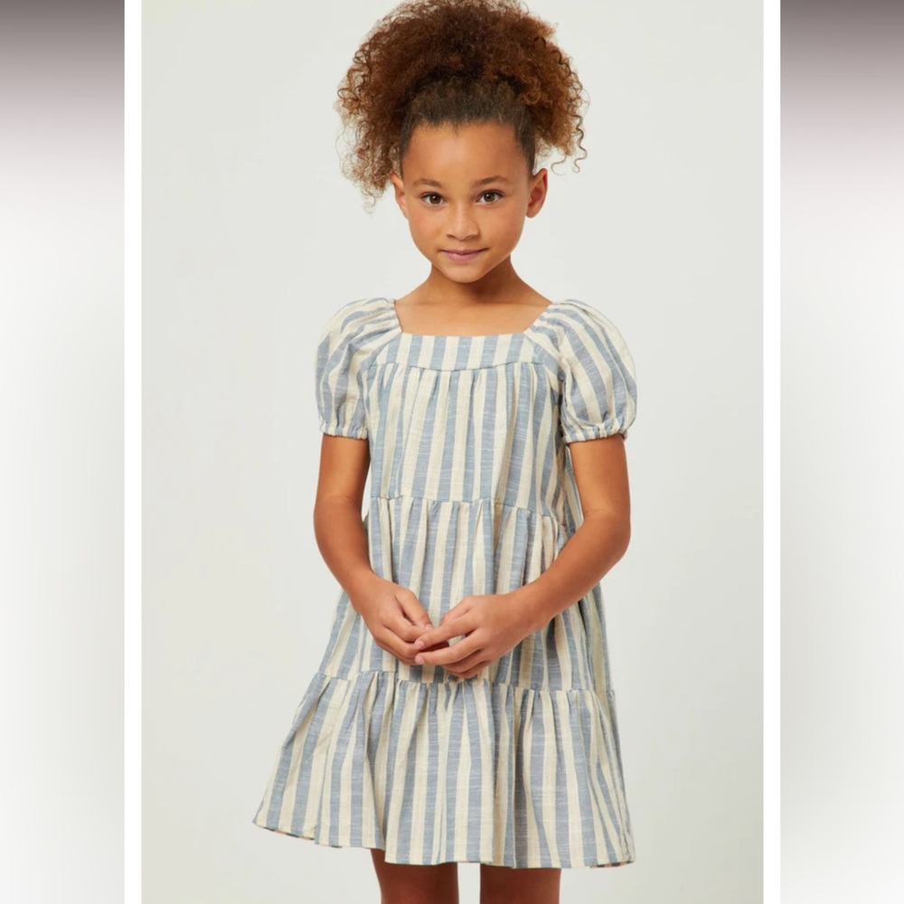 ❌ HAYDEN Striped Puff Sleeve Tiered Cotton Babydoll Dress Girls L